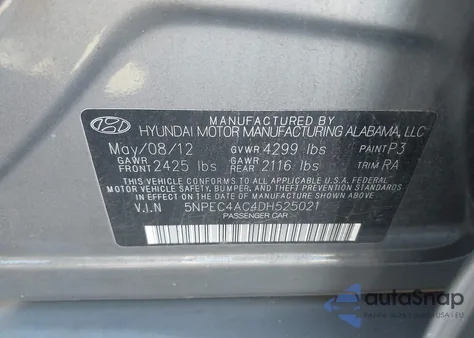 2013 Hyundai Sonata Se z USA, uszkodzony, nr VIN 5NPEC4AC4DH525021